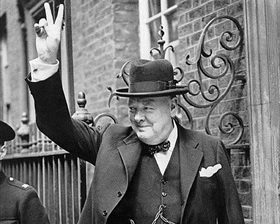 British Prime Minister Winston Churchill giving signature V-sign, May 20, 1940