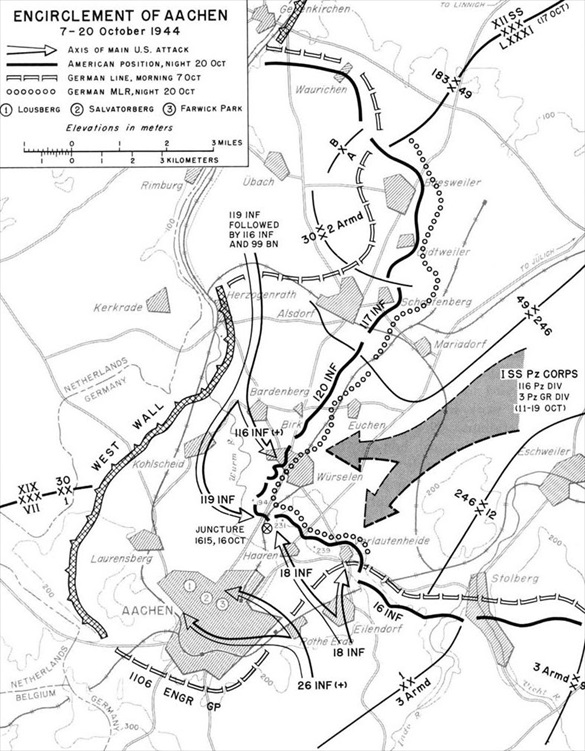 Battle of Aachen: Map of U.S. encirclement of Aachen, October 7–20, 1944