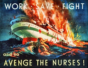 Japanese war crime: Australian propaganda poster depicting AHS "Centaur"’s sinking