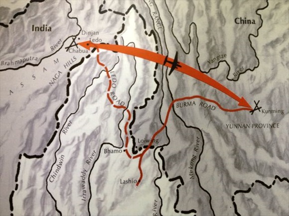 Ledo-Burma land route and the "Hump" air route to Kunming, China