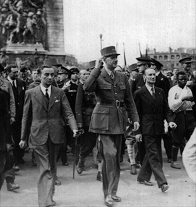 Liberation of Paris: Gen. de Gaulle leading marchers down Champs-Élysées, August 26, 1944