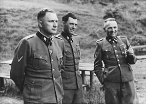 L-R, Richard Baer, Josef Mengele, Rudolf Hoess at Solahuette SS retreat outside Auschwitz, 1944