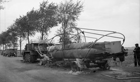 German midget submarines: Damaged Biber on transportation trailer, 1944