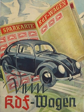 Volkswagen Beetle image imposed on savings booklet in ad