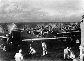 Aircraft prepare to launch from Akagi on December 7, 1941