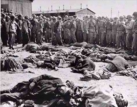 Ohrdruf forced labor camp: Gens. Dwight D. Eisenhower, George S. Patton, and Omar Bradley viewing Ohrdruf dead