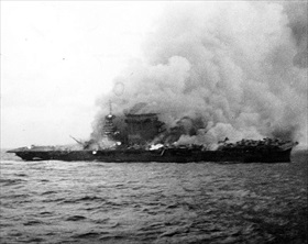 Battle of the Coral Sea: USS Lexington burning and abandoned, May 8, 1942