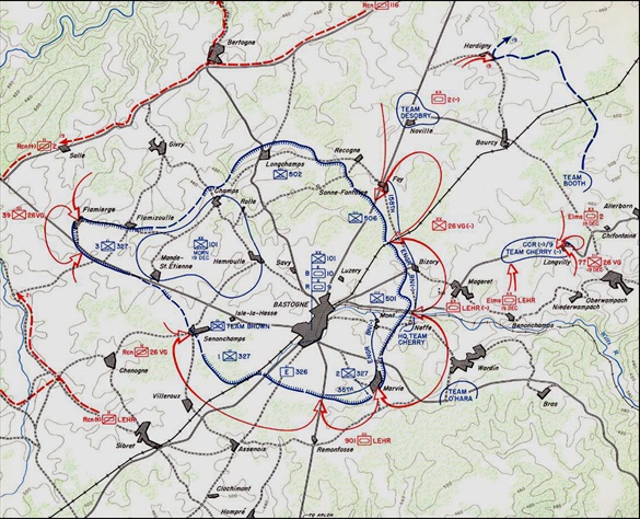 Besieged U.S. Bastogne garrison and U.S. front line, December 21–23, 1944