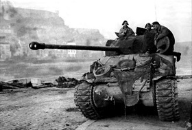 Ardennes Offensive: British "Firefly" tank at Namur, Belgium, December 1944