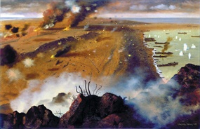 Defending Iwo Jima: View of invasion beach from Mt. Suribachi's torn peak