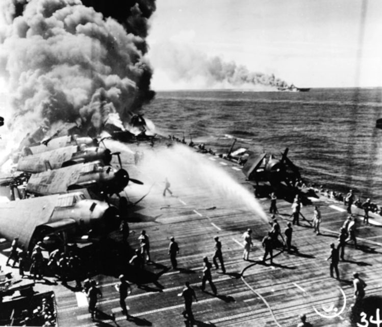 Kamikaze pilots set two U.S. carriers ablaze, October 30, 1944