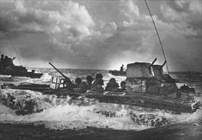 Marines on a Landing Vehicle Tracked (LVT) bound for Tinian Island, July 1944