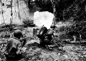 M1A1 flamethrower being used against a Japanese bunker, Bougainville, March 1944