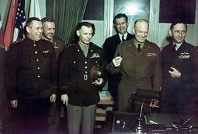 Dwight D. Eisenhower celebrating Germany’s surrender, Reims, May 7, 1945