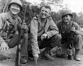 Tec Sgts. Herbert Miya­saki and Akiji Yoshi­mura with Brig. Gen. Frank D. Merrill, May 1, 1944
