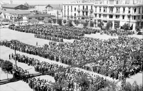 Greek Holocaust: Forced labor registration of male Jews, Eleftherias Square, Thessaloniki, July 11, 1942 Greek Holocaust: Forced labor registration of male Jews, Eleftherias Square, Thessaloniki, July 11, 1942