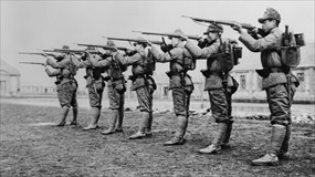 Operation August Storm: Manchukuo army recruits during rifle training Operation August Storm: Manchukuo army recruits during rifle training