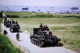 Operation Overlord: British tank exiting Gold Beach, June 6, 1944